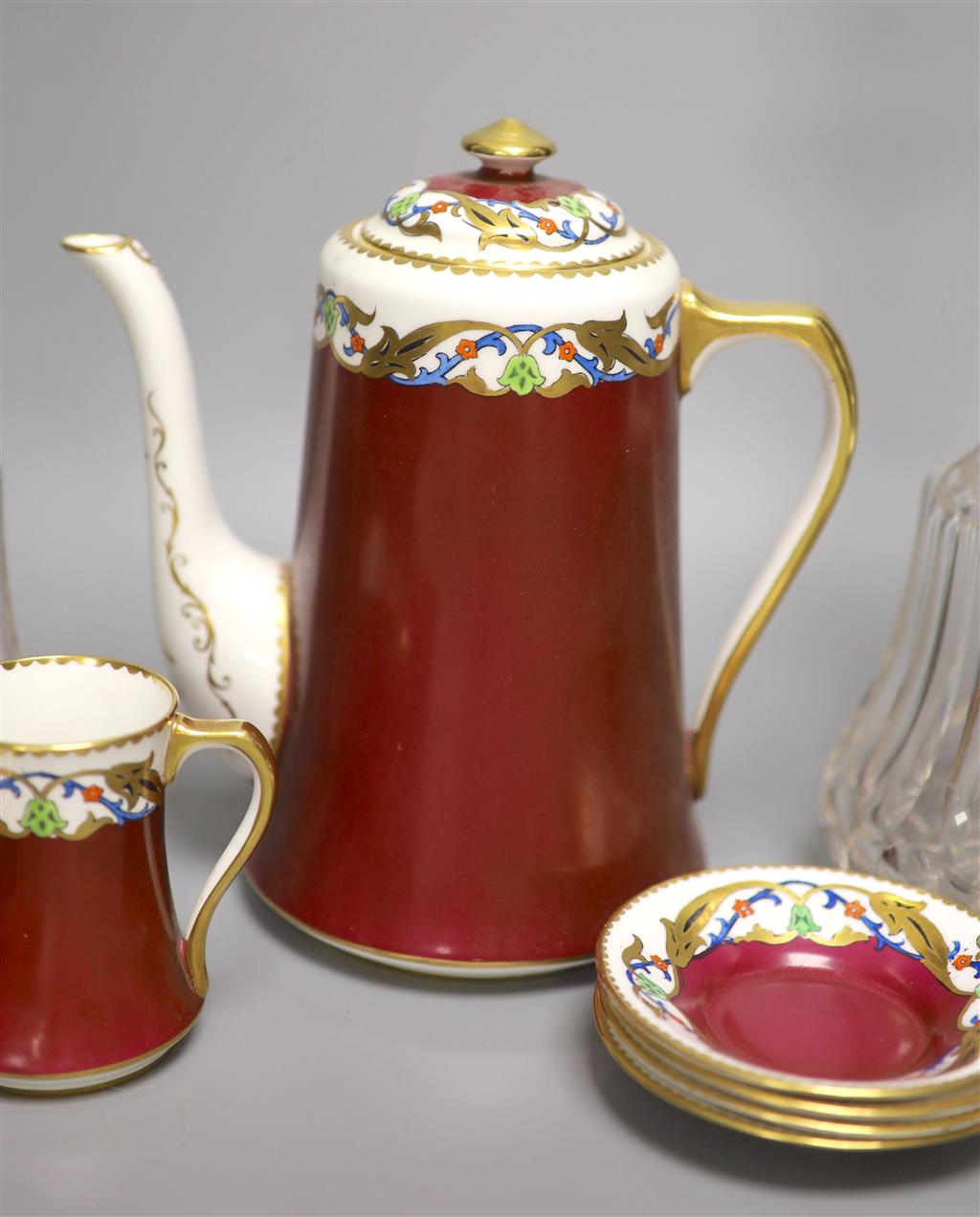 A Royal Albert coffee service and a pair of cut glass decanters